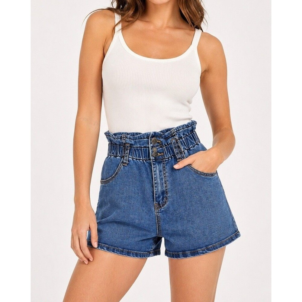 HOCAIES Denim Shorts Women Blue Stretch Paperbag Waist Pull On Jean Shorts